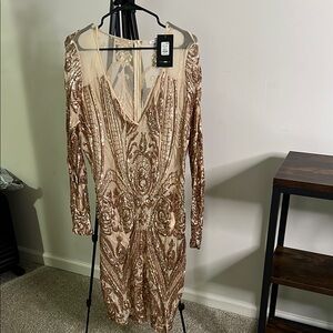 Fashion Nova Sequin Long Sleeve Dress - Rose Gold